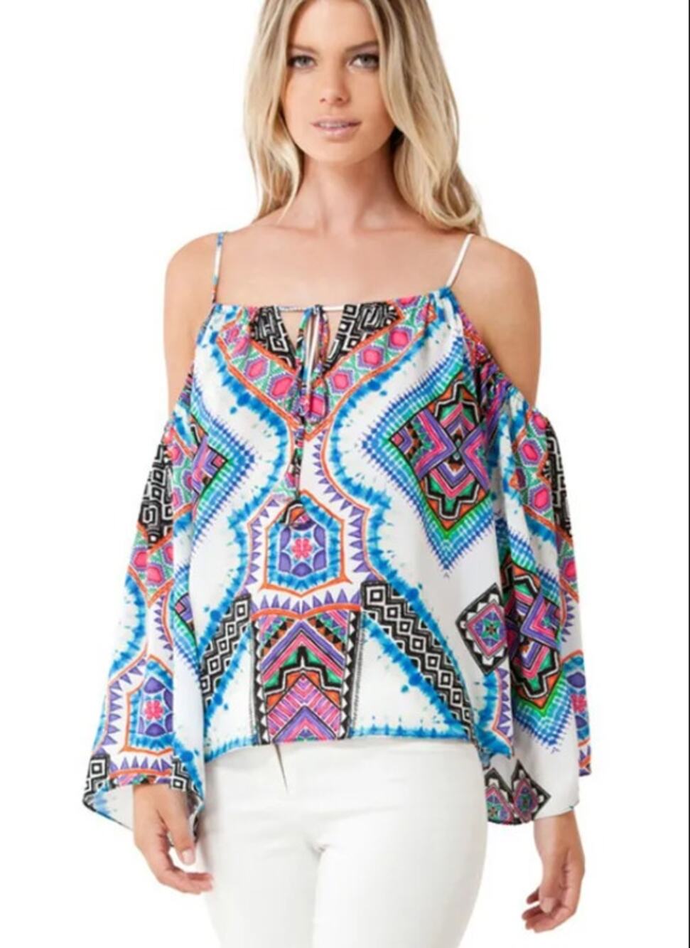 Hale Bob Fumiko Cold Shoulder Blouse Size Small Bell Sleeve Multicolor Boho
